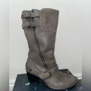 Born Treddy Gray Zip Up Mid-Calf Buckle Leather Boots